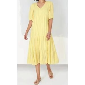J. Jill Women's Large Yellow Pineapple Jacquard Tiered V Neck Cotton Rayon Dress